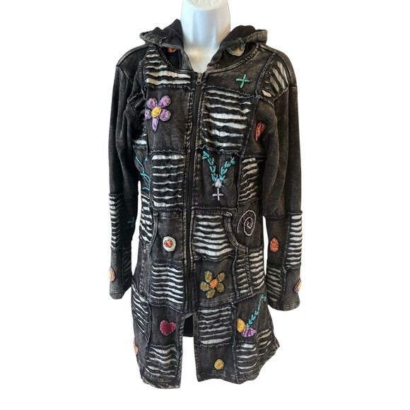 Handmade Shiva Patchwork Long Boho Hoodie Pre-Washed Cotton Black - Picture 3 of 12